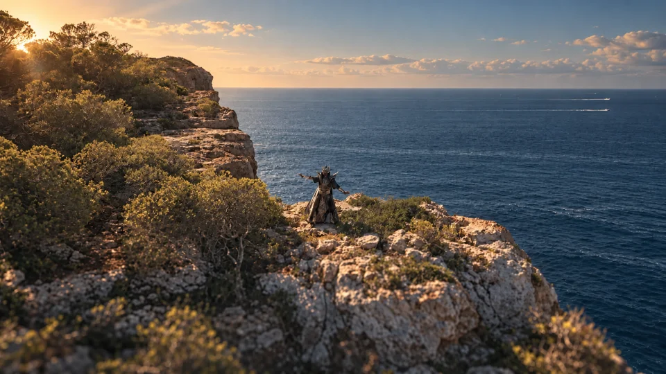 A coastal landscape from The Fire of Yore, with a performer above the sea.